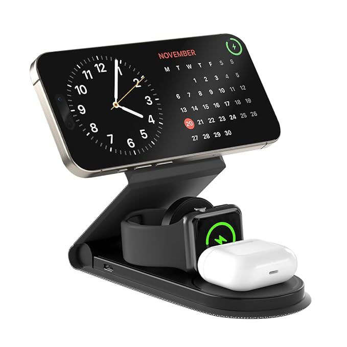 Wireless Charger 3 in 1 Magnetic MagSafe Charging Foldable Stand for Apple iWatch, Airpods & iPhone
