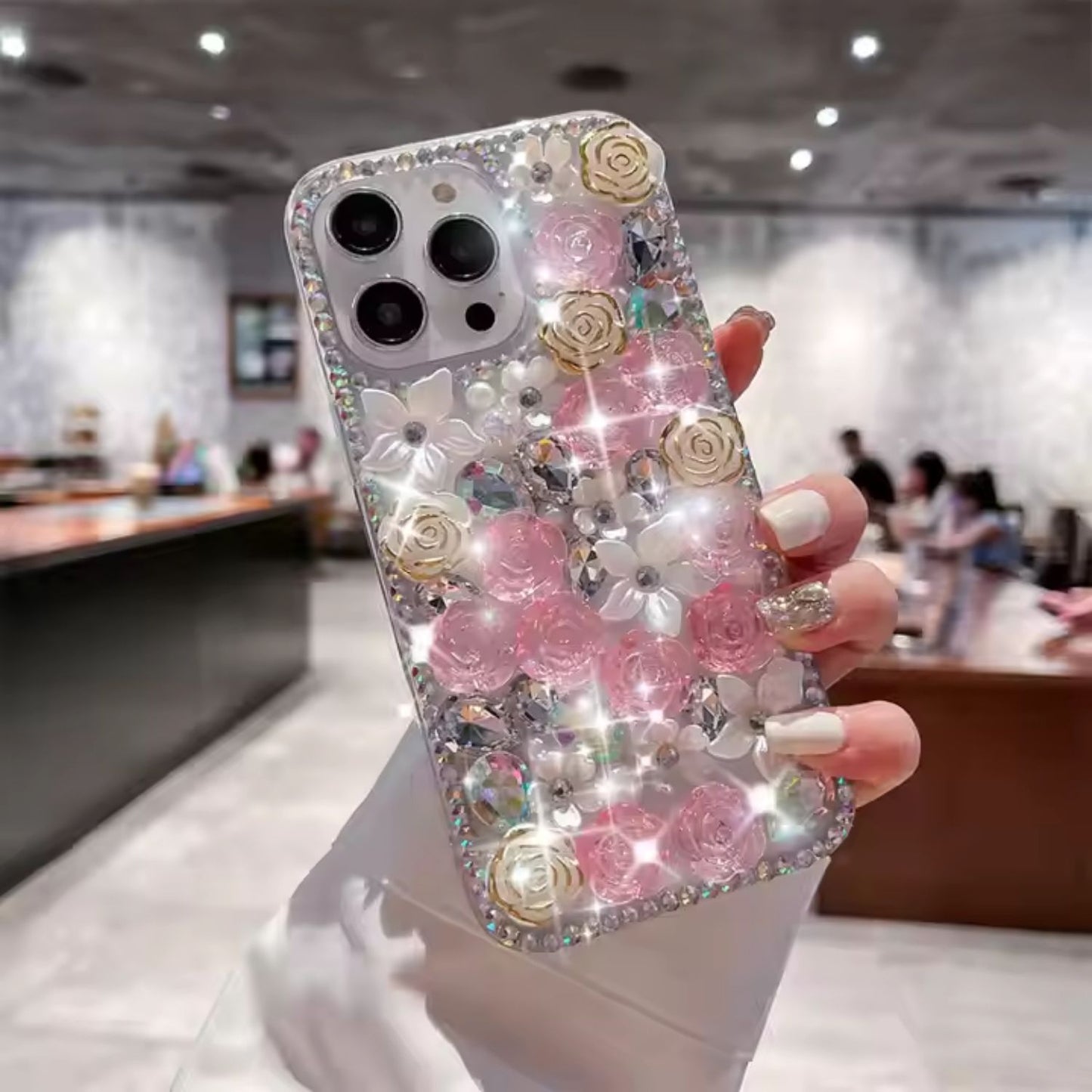 Luxury 3D Glitter Flower Case πΈπ for iPhone β Rose & Crystal Bling Design