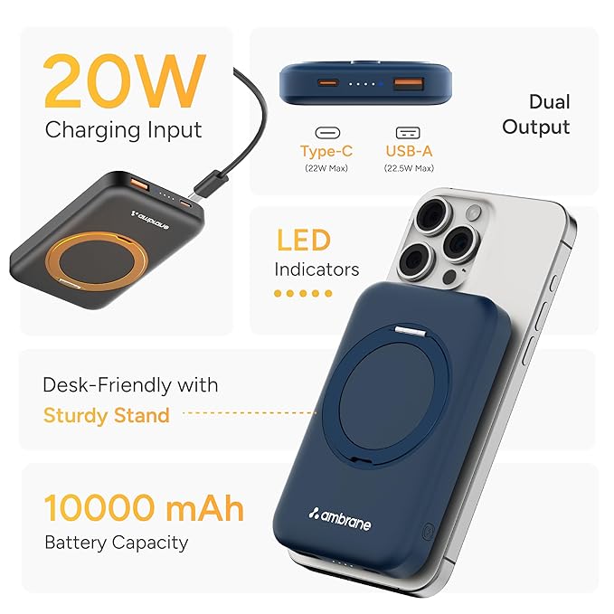 Ambrane MagSafe Wireless 10000mAh Fast Charging Power Bank with Mobile Stand