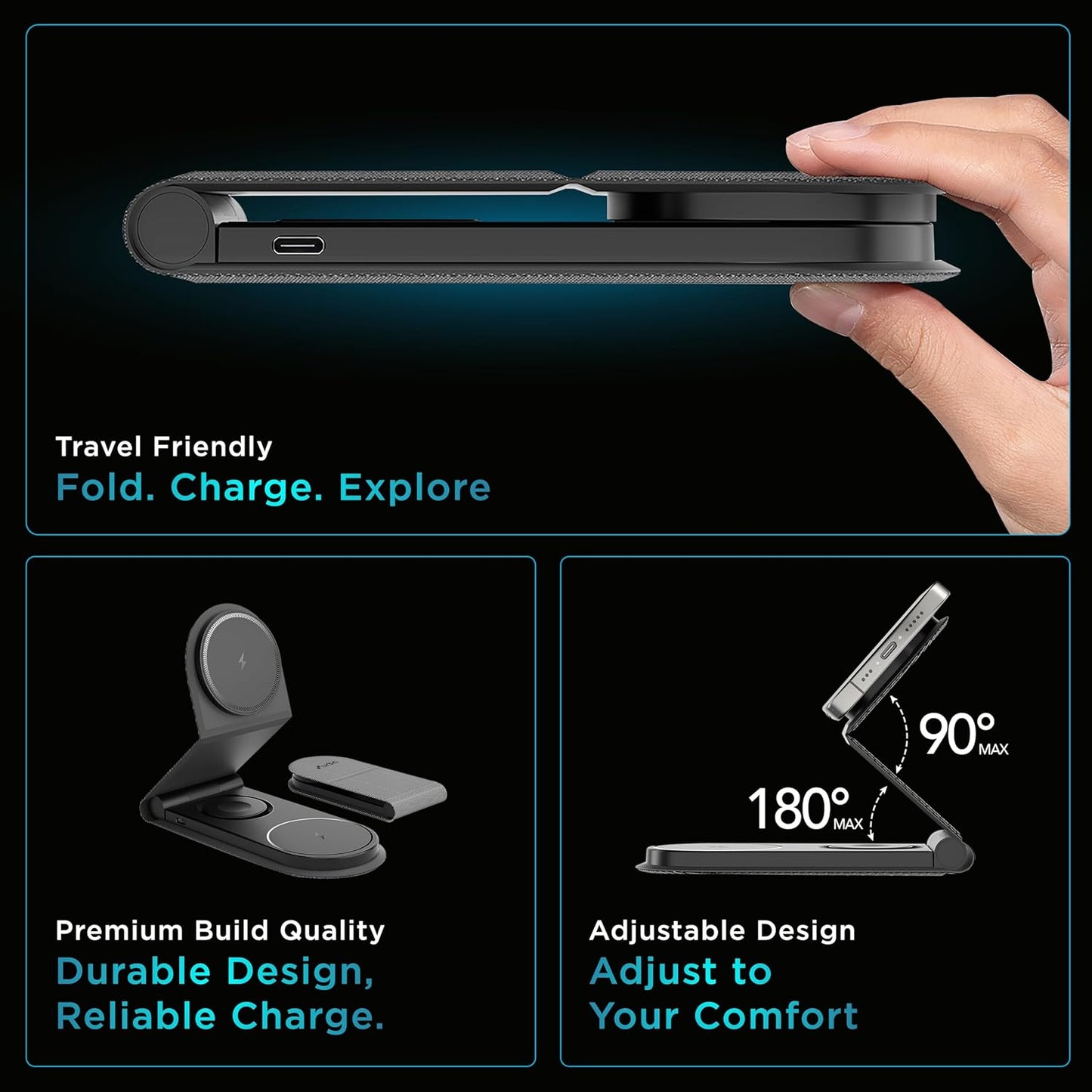 Wireless Charger 3 in 1 Magnetic MagSafe Charging Foldable Stand for Apple iWatch, Airpods & iPhone