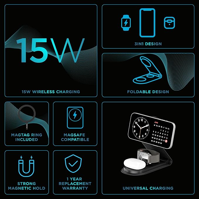 Wireless Charger 3 in 1 Magnetic MagSafe Charging Foldable Stand for Apple iWatch, Airpods & iPhone