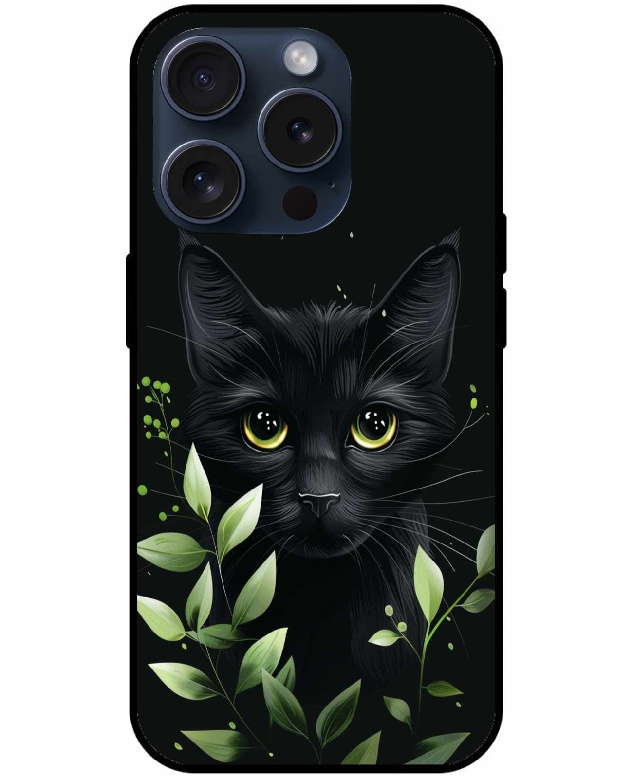 Black Cat Behind Green Leaves Original Glass Cover