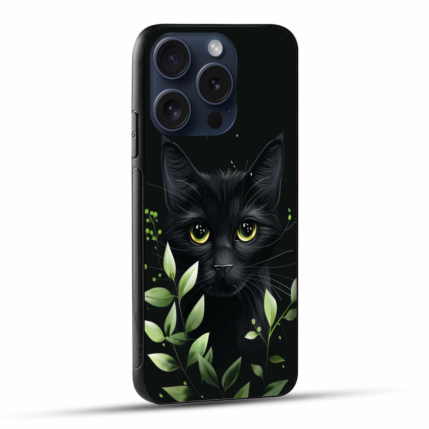 Black Cat Behind Green Leaves Original Glass Cover
