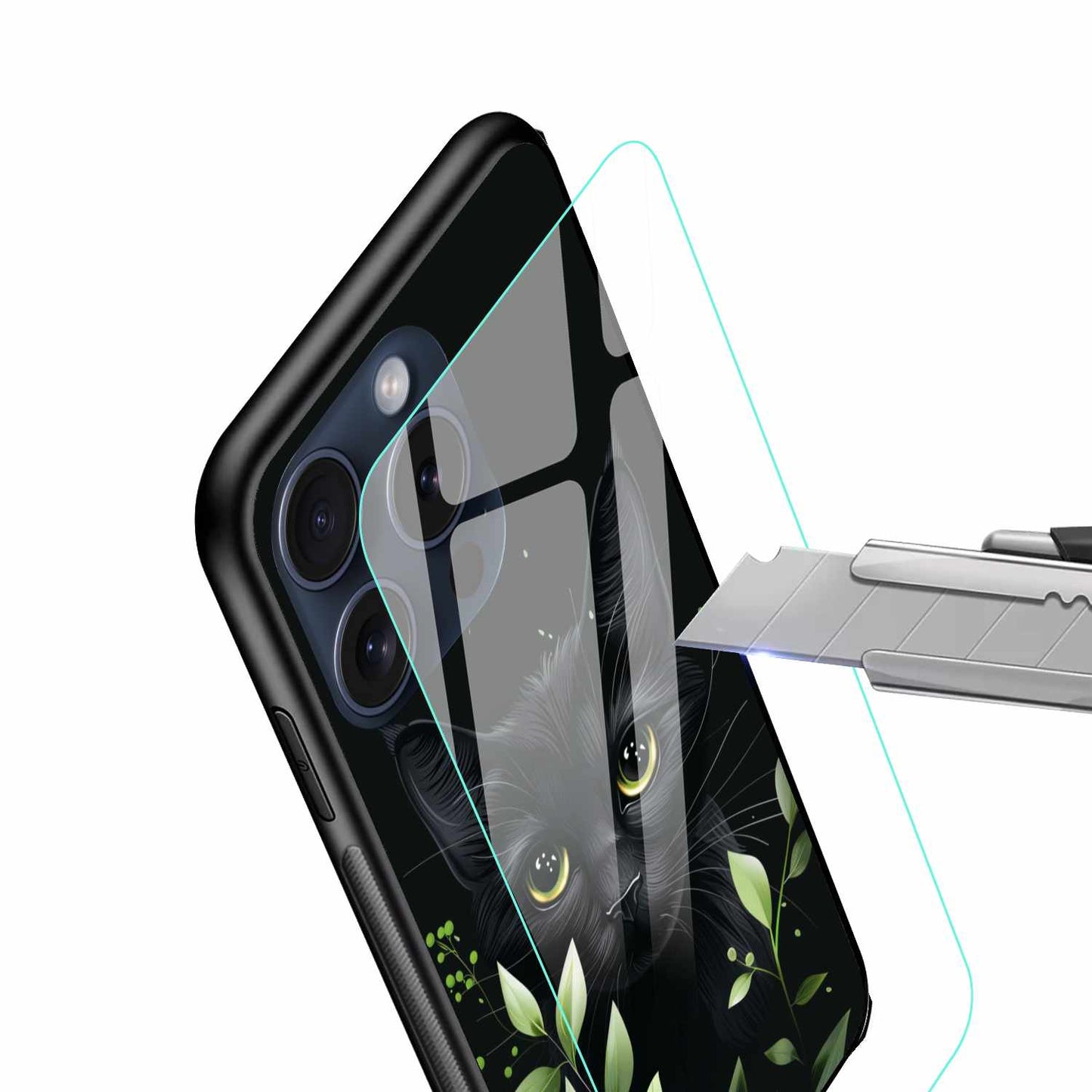 Black Cat Behind Green Leaves Original Glass Cover