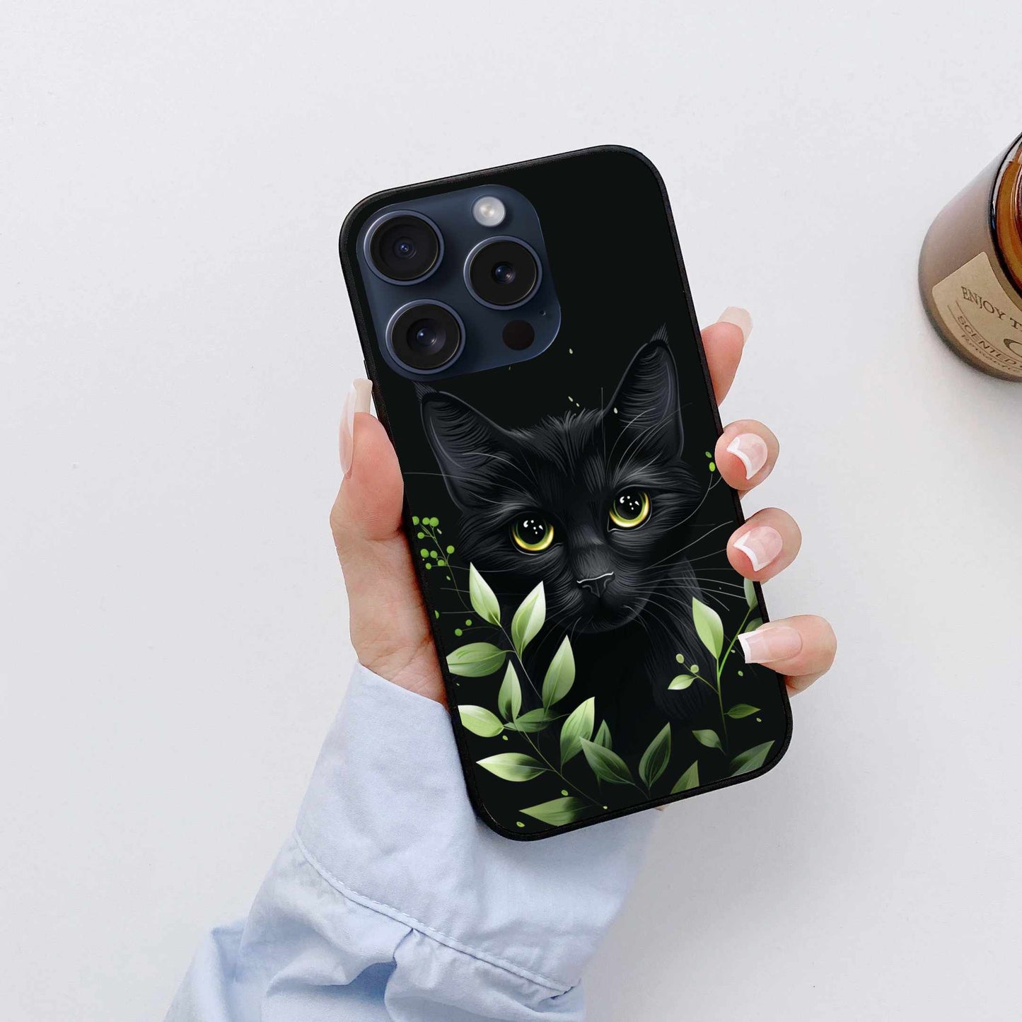 Black Cat Behind Green Leaves Original Glass Cover