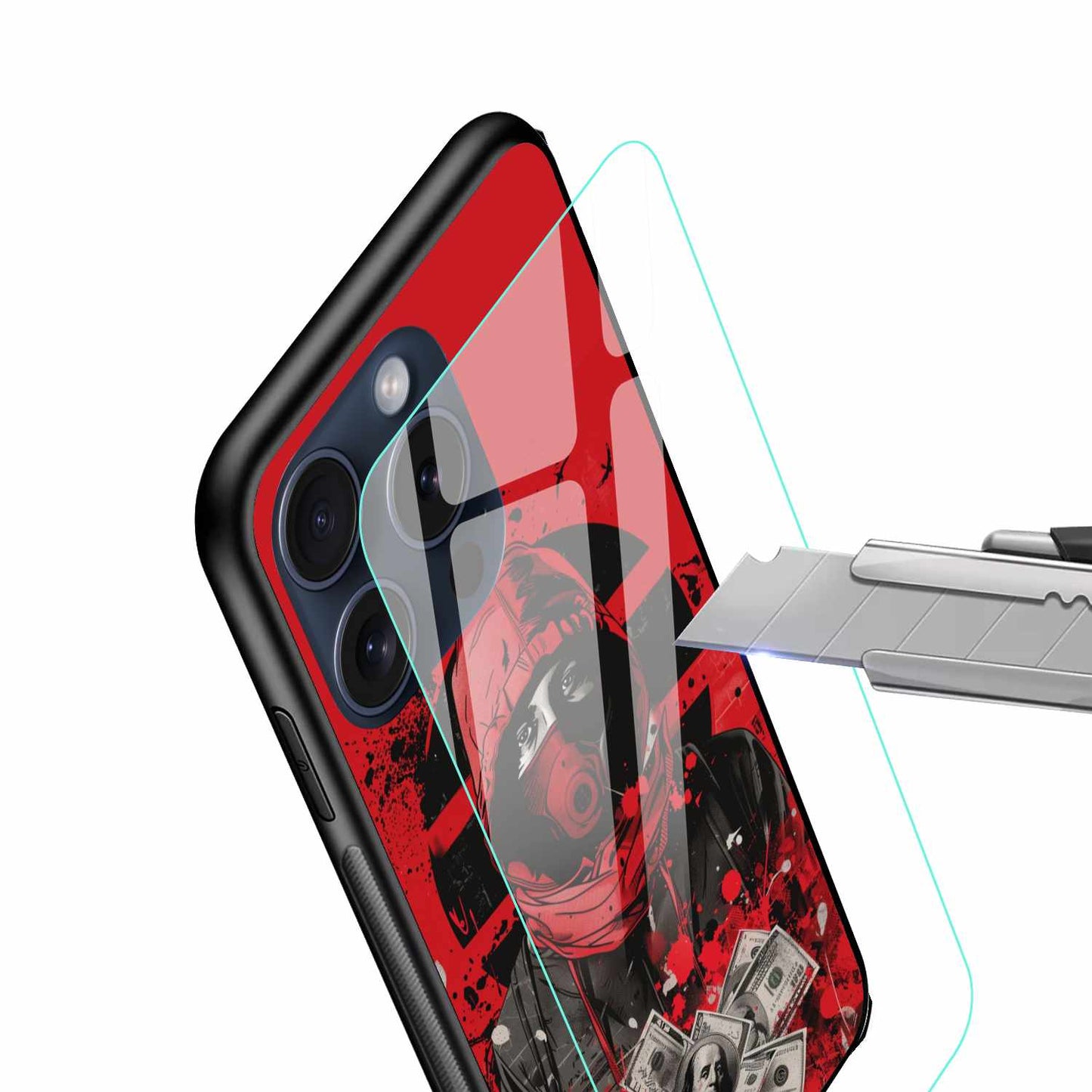 Red Masked Money Heist Style Case – Bold Graphic Original Glass Cover