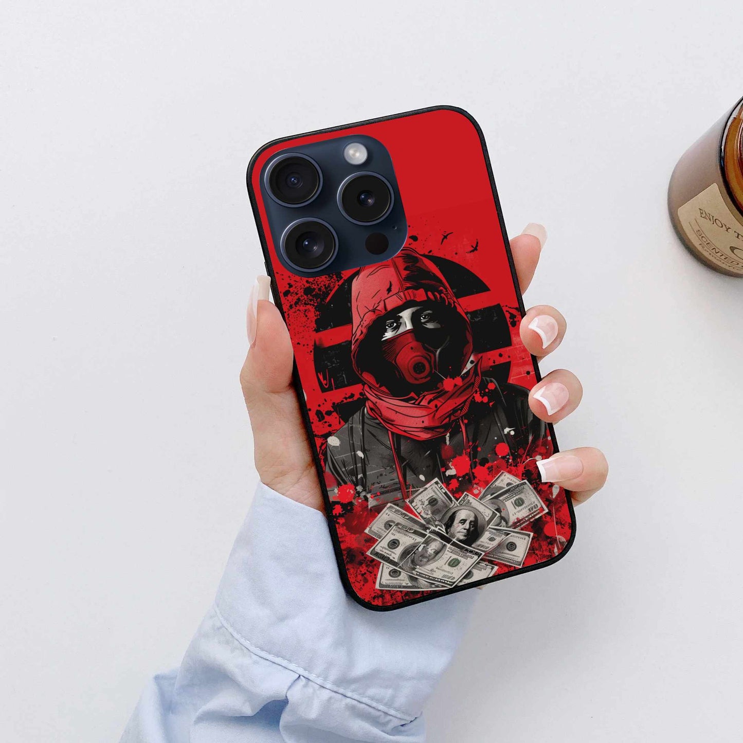 Red Masked Money Heist Style Case – Bold Graphic Original Glass Cover