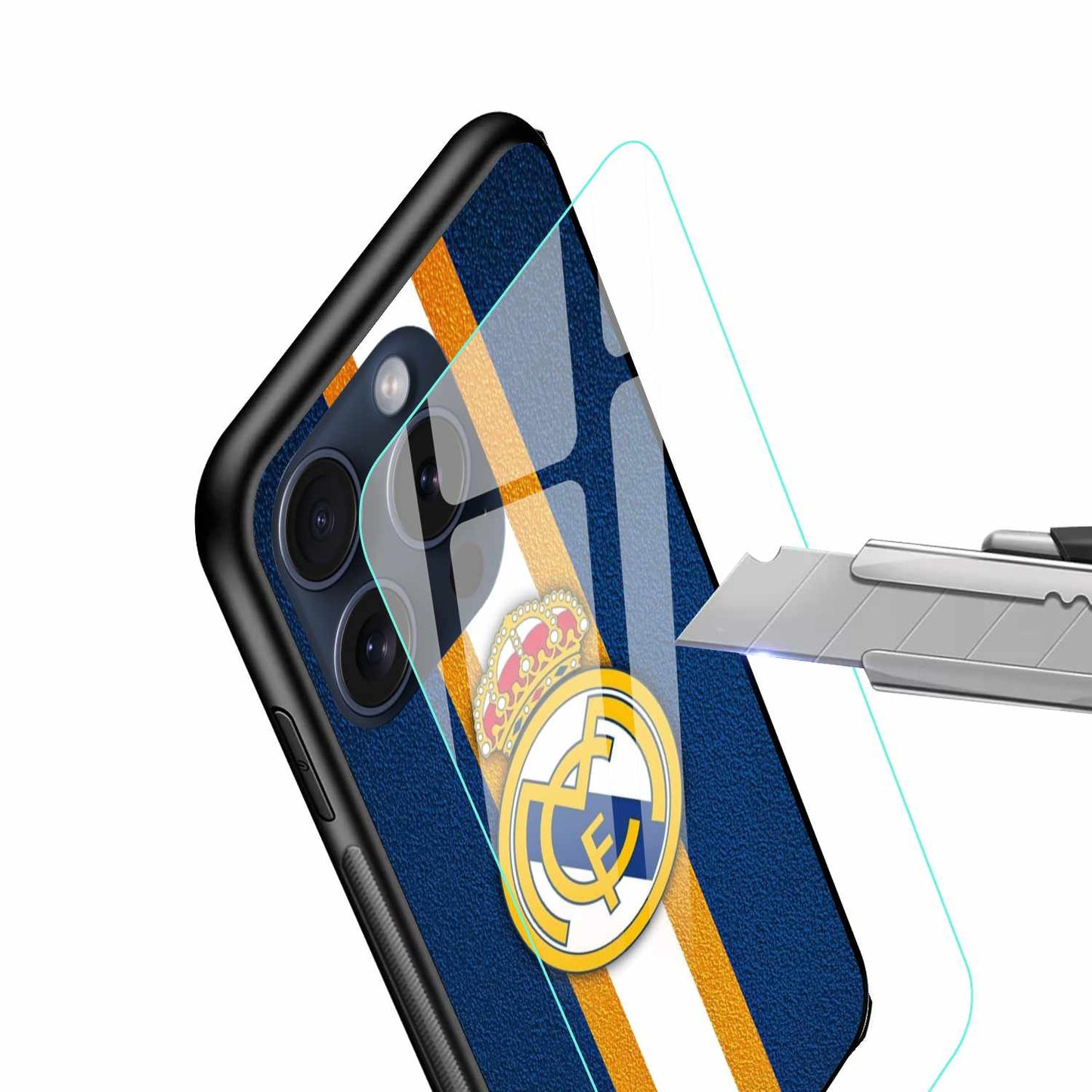 Real Madrid Classic Blue & Gold Striped Edition Case – Original Glass Cover