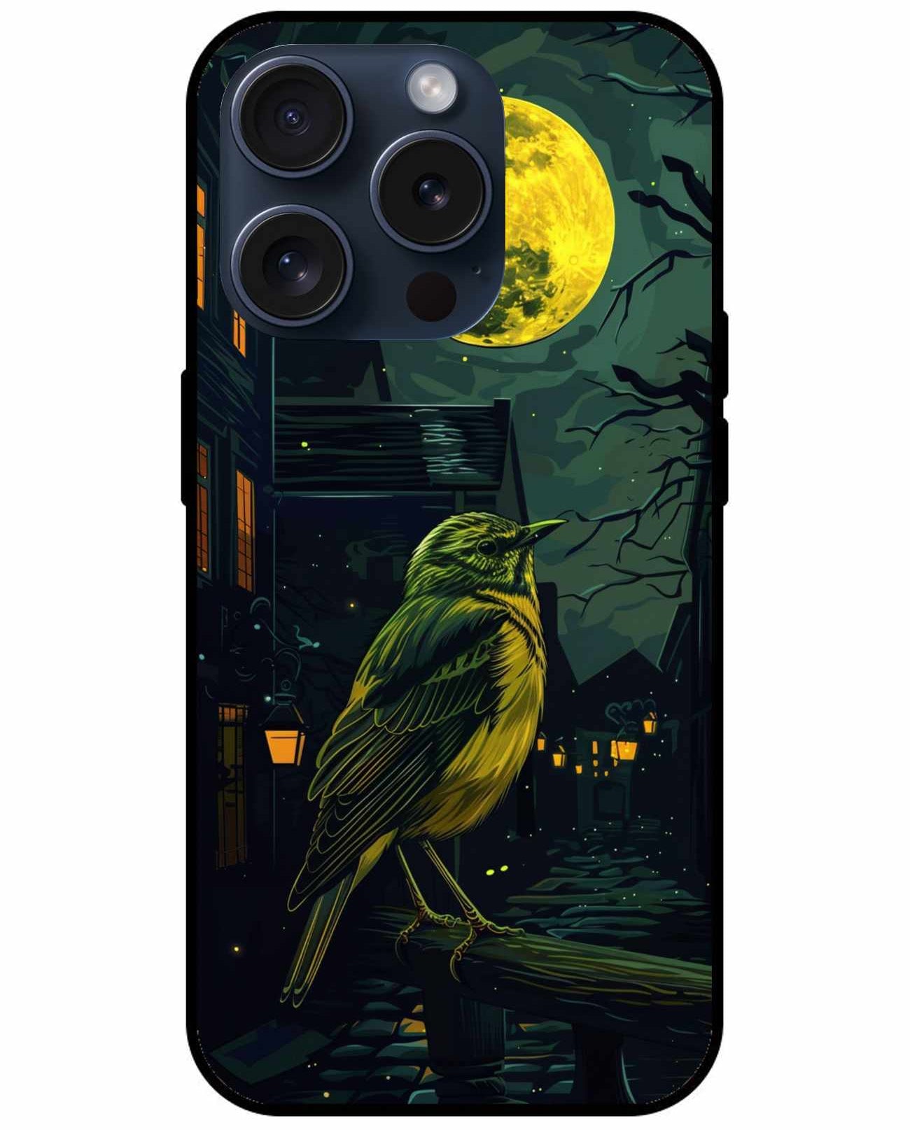 Midnight Melody – Moonlit Bird on Cobblestone Street Original Glass Cover