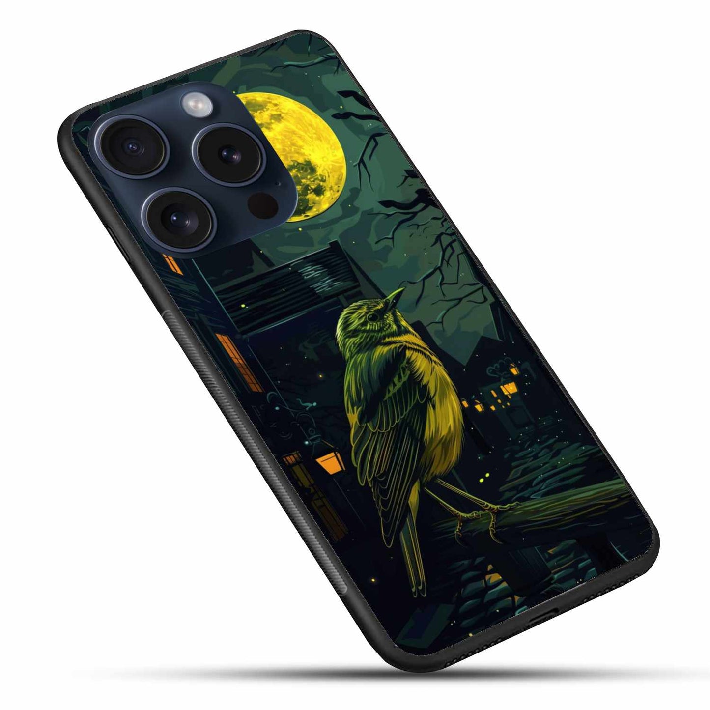 Midnight Melody – Moonlit Bird on Cobblestone Street Original Glass Cover