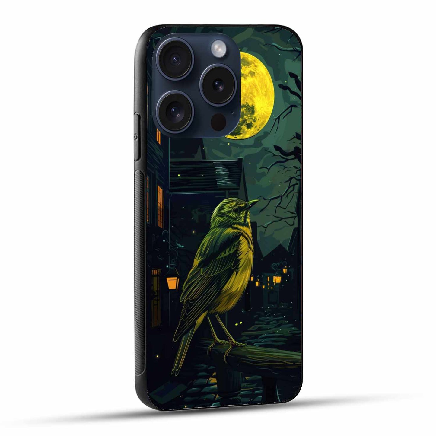 Midnight Melody – Moonlit Bird on Cobblestone Street Original Glass Cover