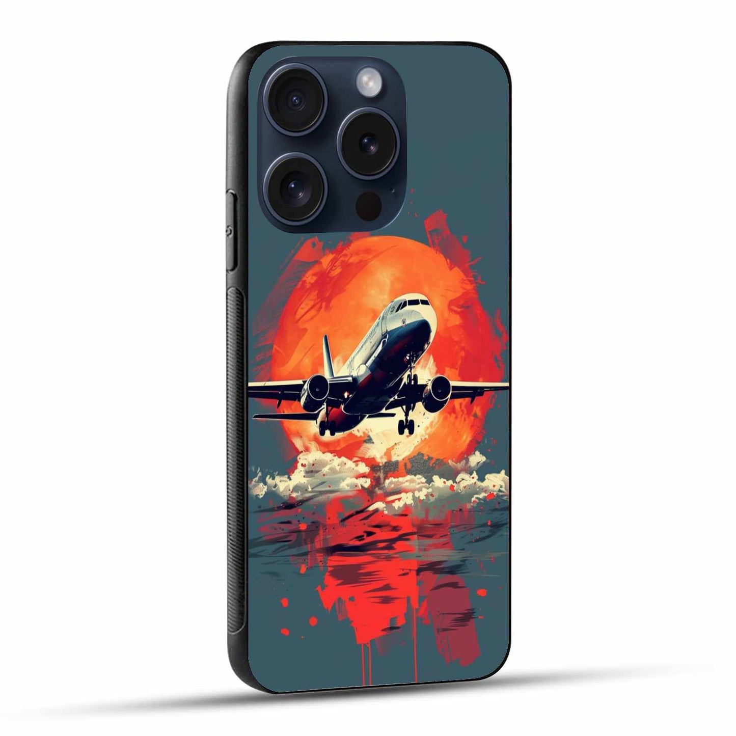 Skyfire Flight – Jet Over Fiery Sunset Ocean Original Glass Cover