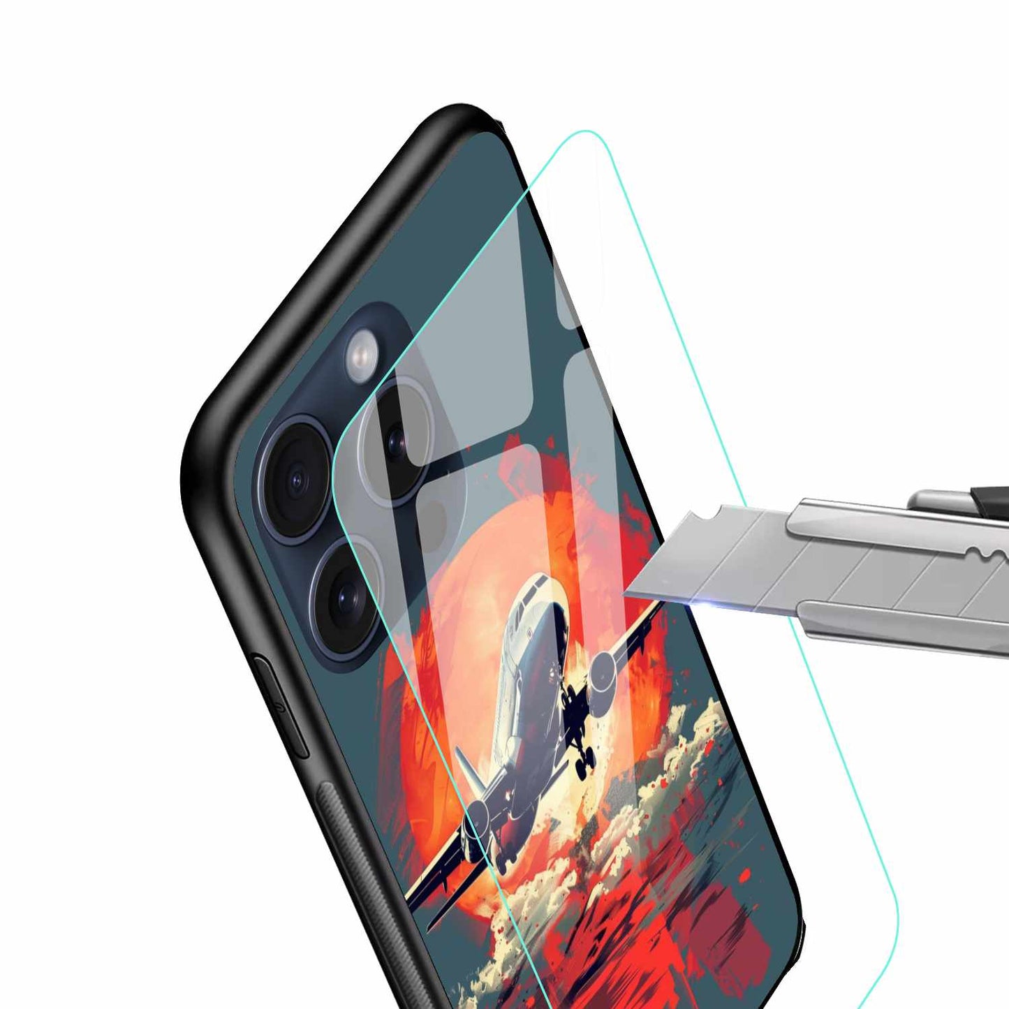 Skyfire Flight – Jet Over Fiery Sunset Ocean Original Glass Cover