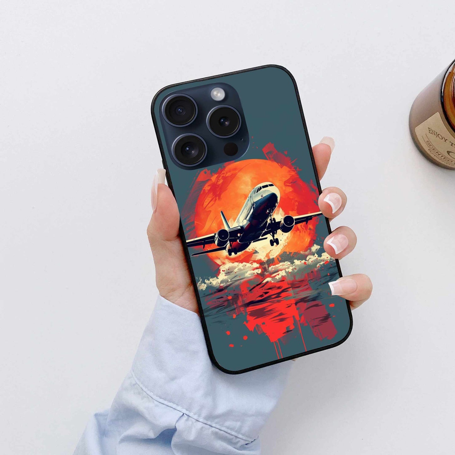 Skyfire Flight – Jet Over Fiery Sunset Ocean Original Glass Cover