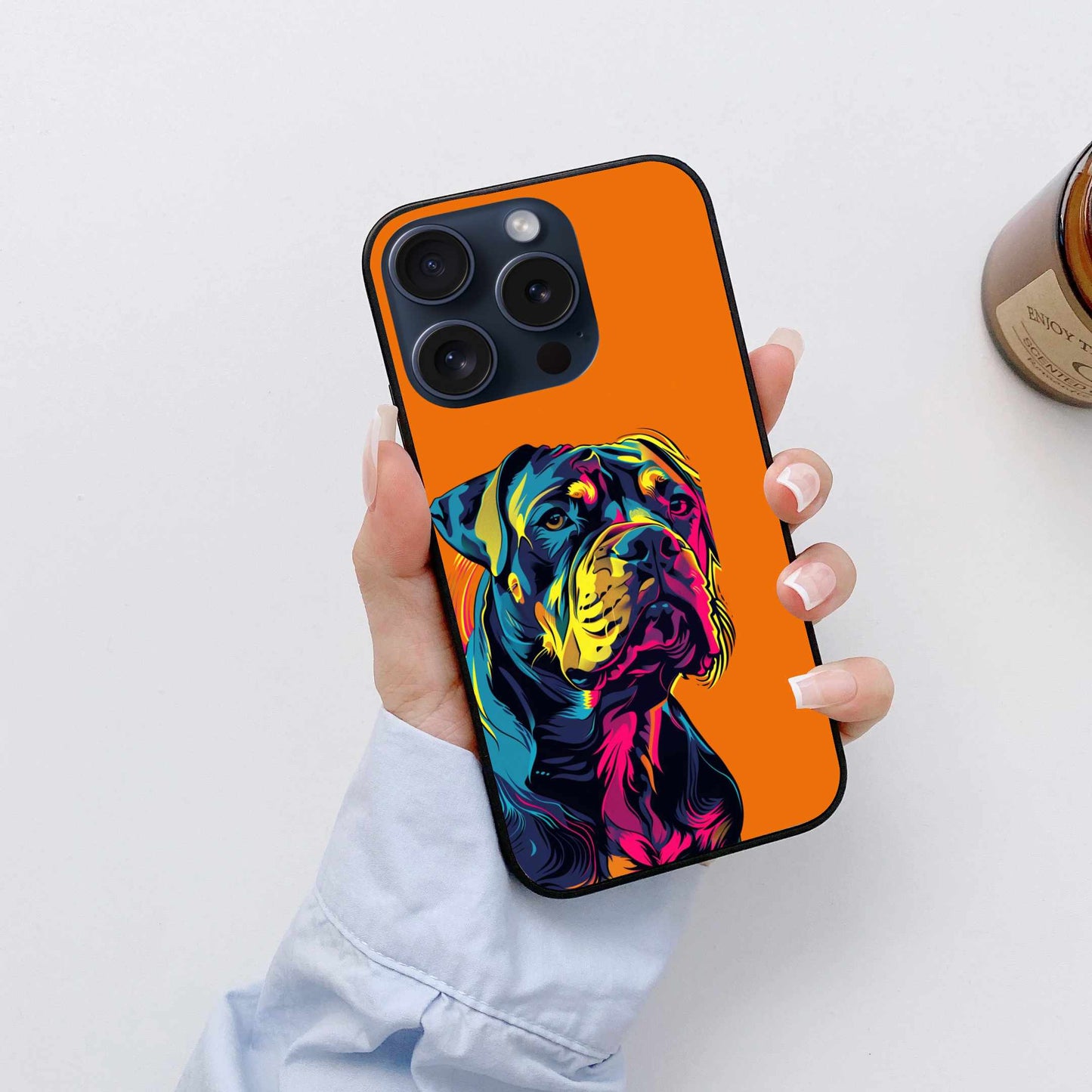 Neon Guardian – Vibrant Rottweiler Pop Art on Orange Original Glass Cover