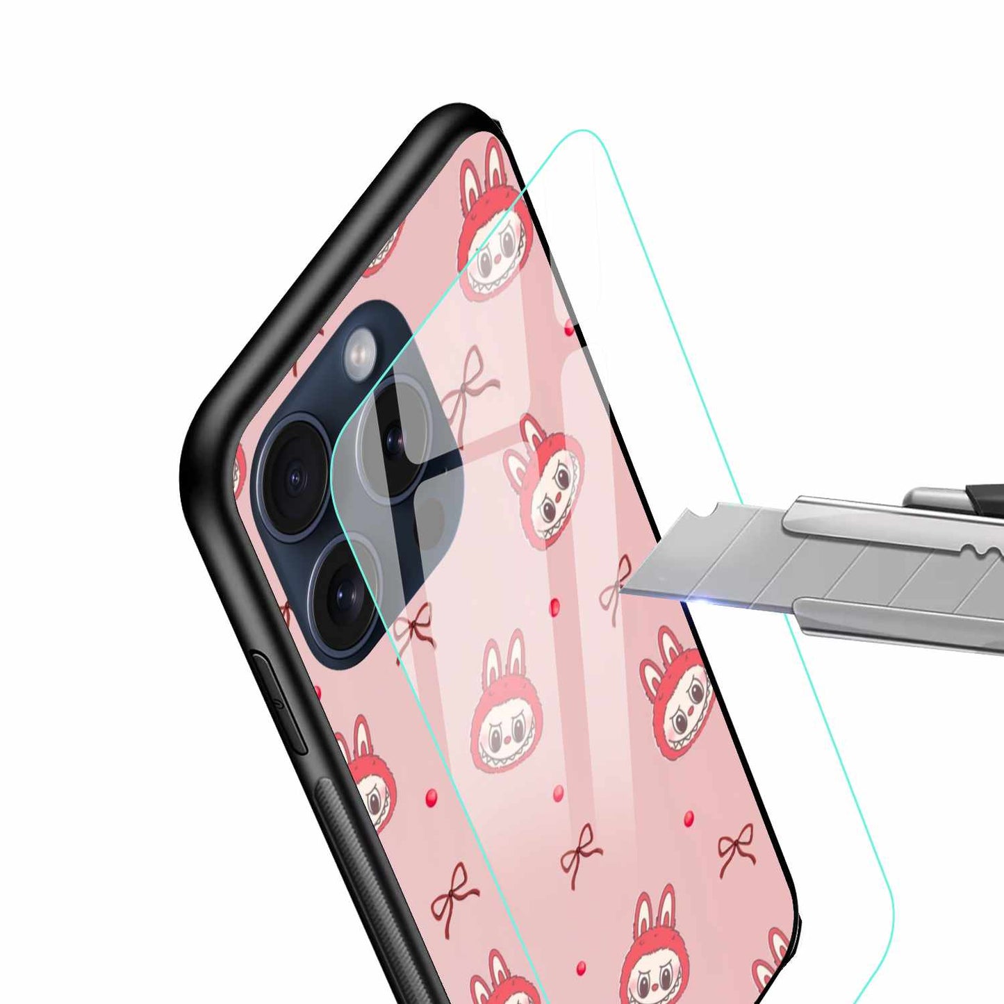 Pink Labubu Face With Ribbon Original Glass Cover