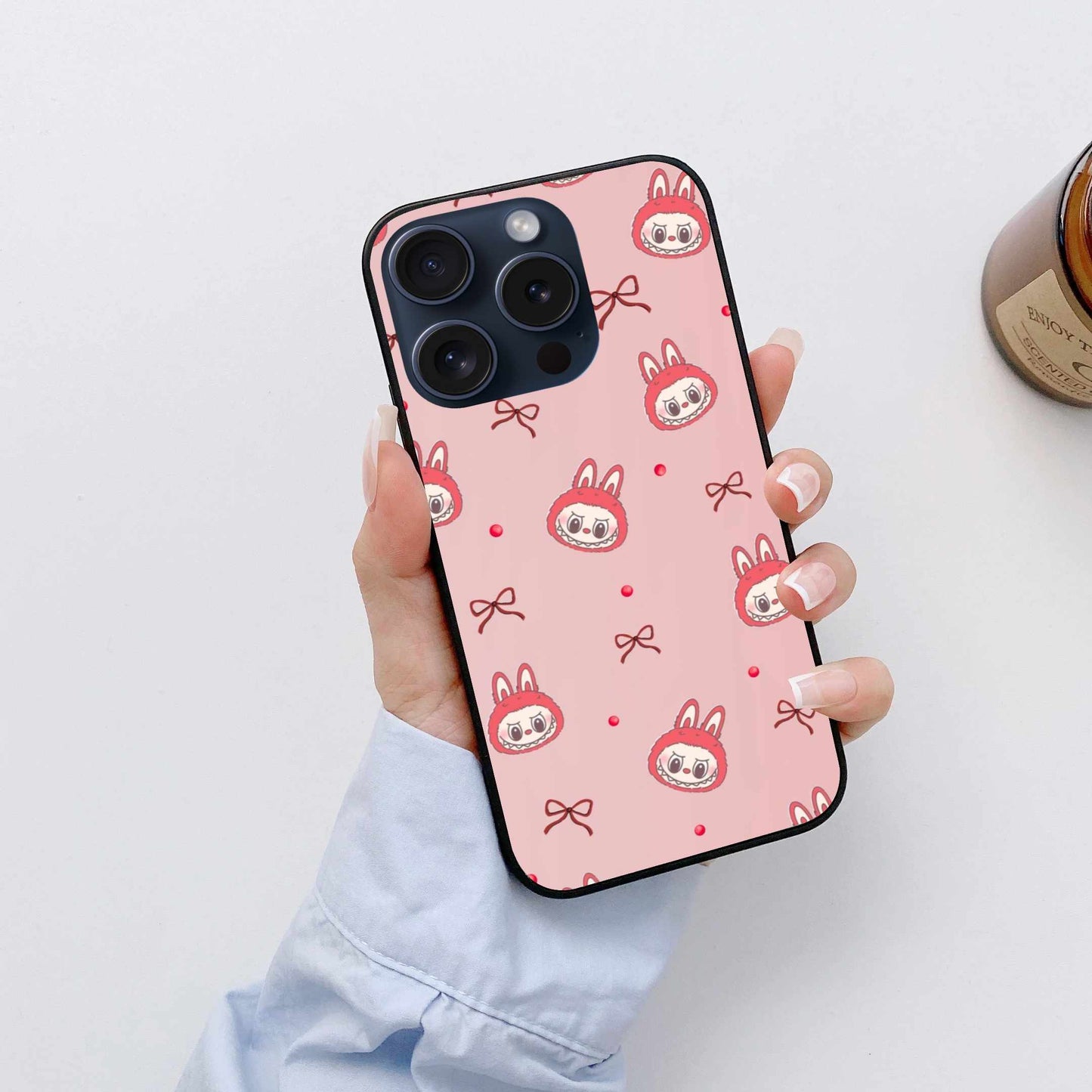 Pink Labubu Face With Ribbon Original Glass Cover
