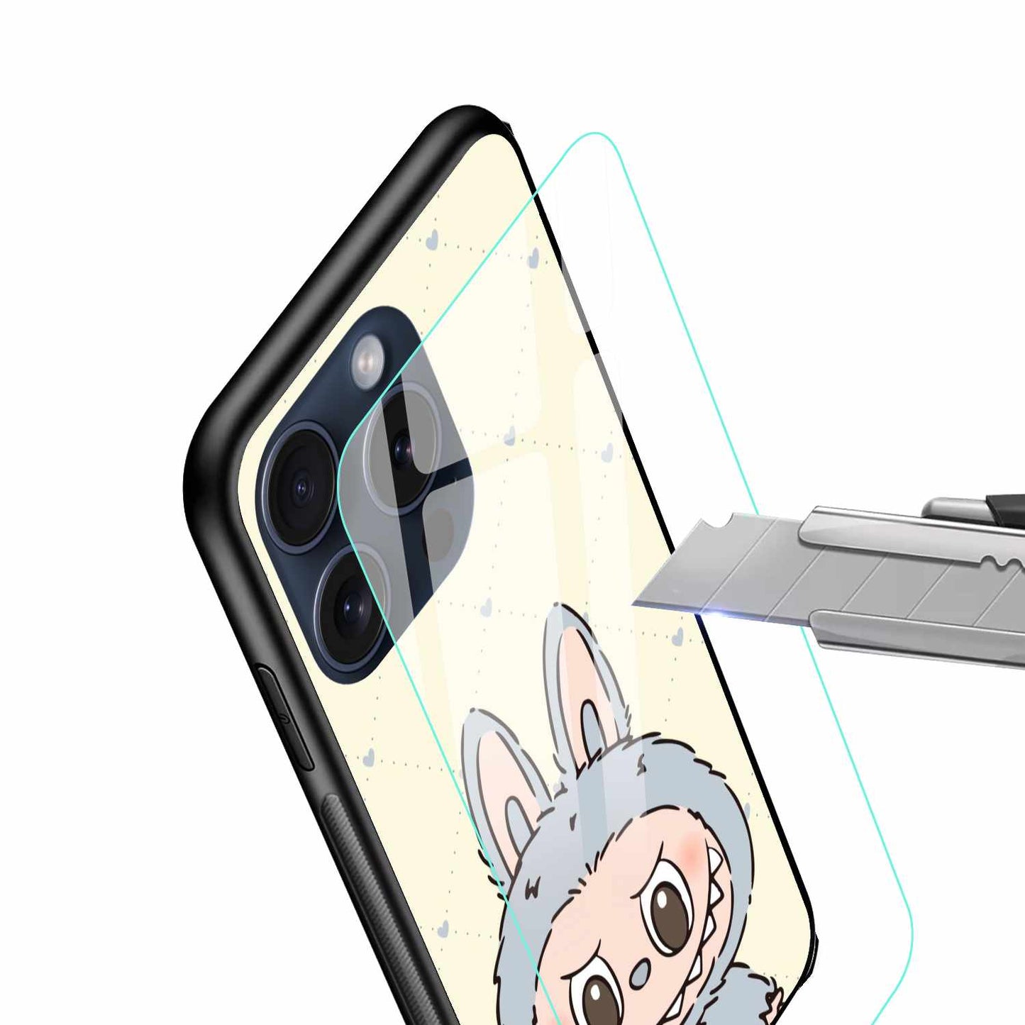 Adorable Grey Labubu Design with Hearts Original Glass Cover