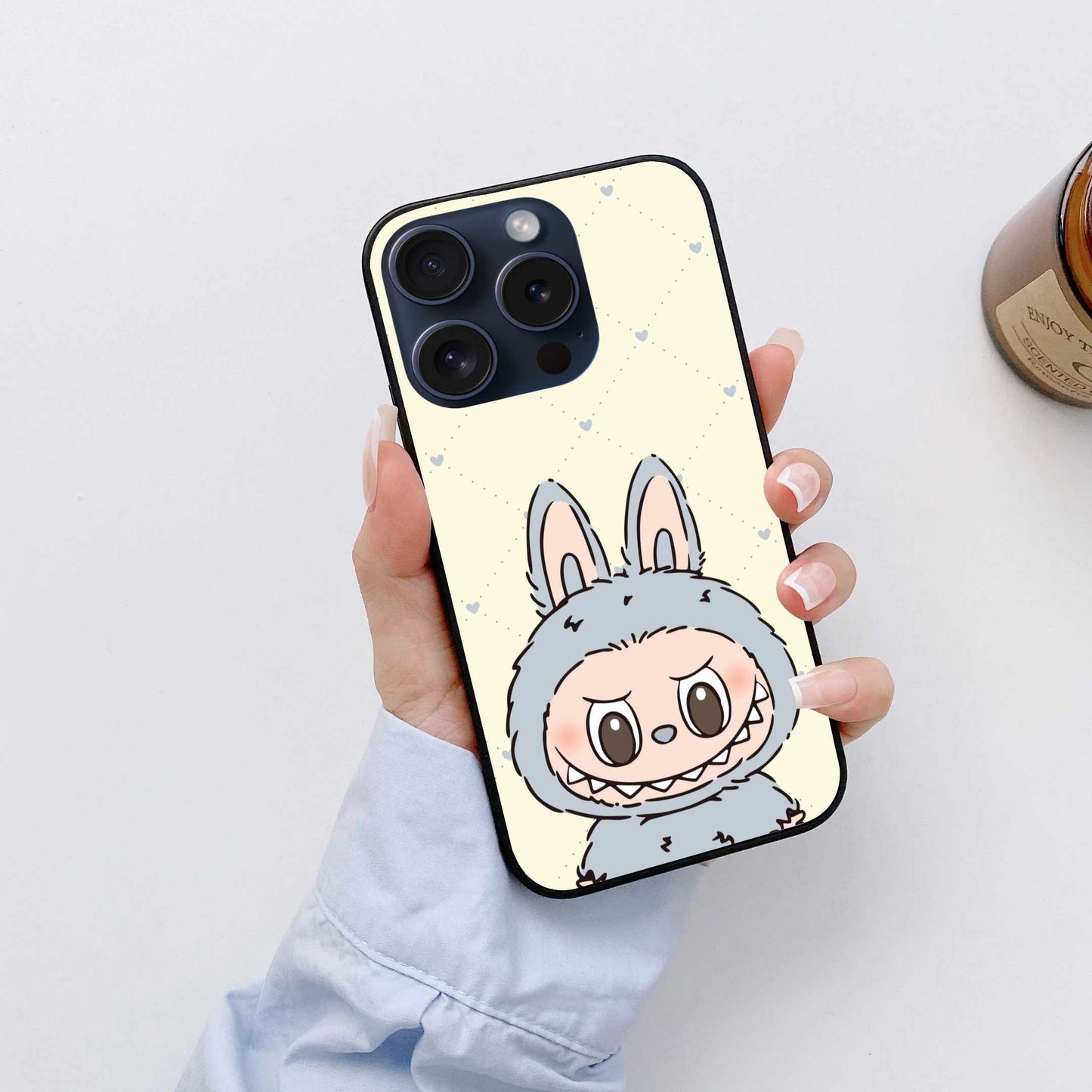 Adorable Grey Labubu Design with Hearts Original Glass Cover