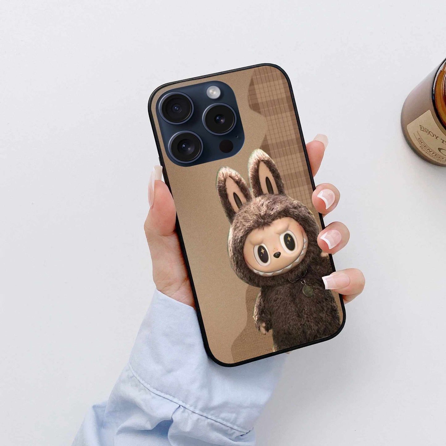 3D Furry Labubu in Brown Textured Style Original Glass Cover