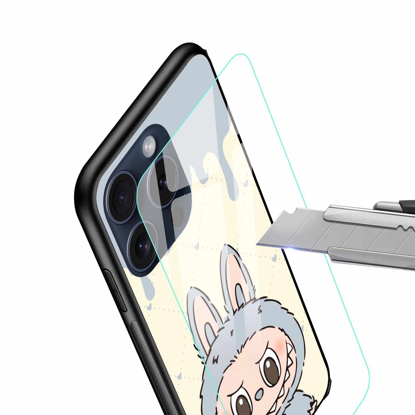 Grey Labubu On Melting Background With Hearts Original Glass Cover