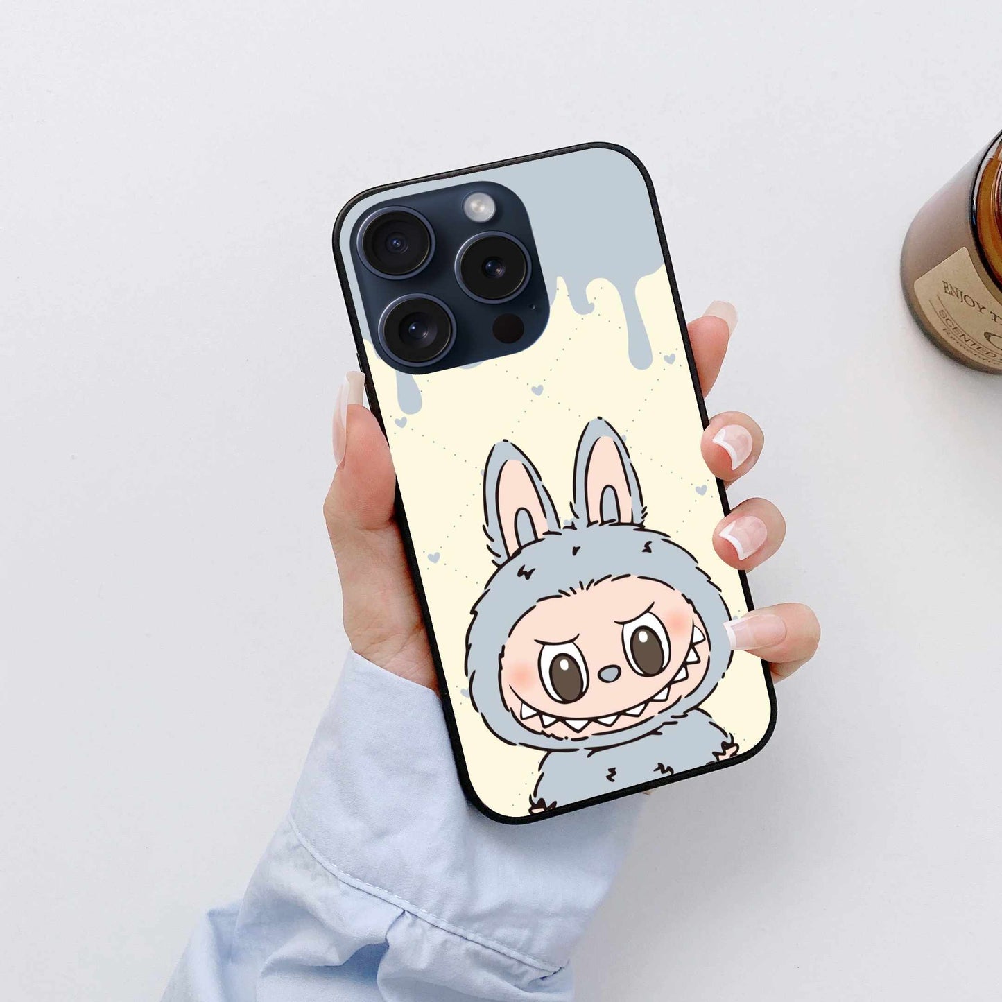 Grey Labubu On Melting Background With Hearts Original Glass Cover