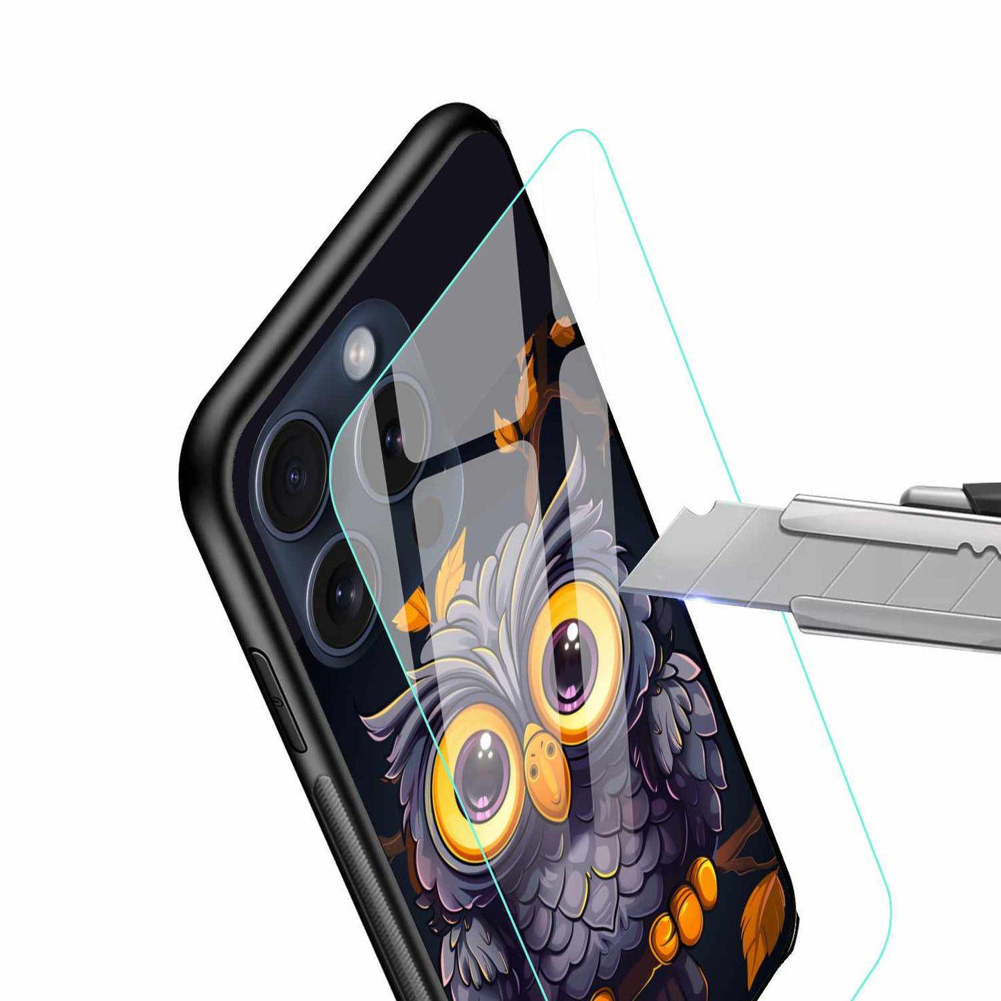Cute Big-Eyed Owl Case – Cartoon Style Original Glass Cover