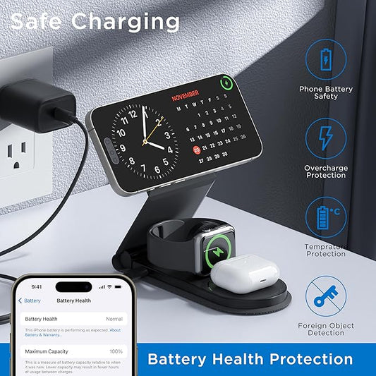 Wireless Charger 3 in 1 Magnetic MagSafe Charging Foldable Stand for Apple iWatch, Airpods & iPhone