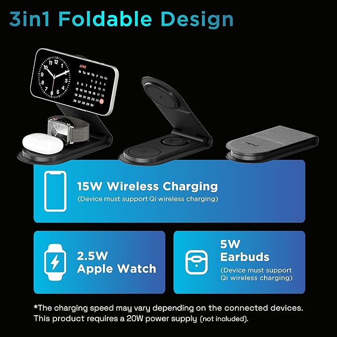Wireless Charger 3 in 1 Magnetic MagSafe Charging Foldable Stand for Apple iWatch, Airpods & iPhone