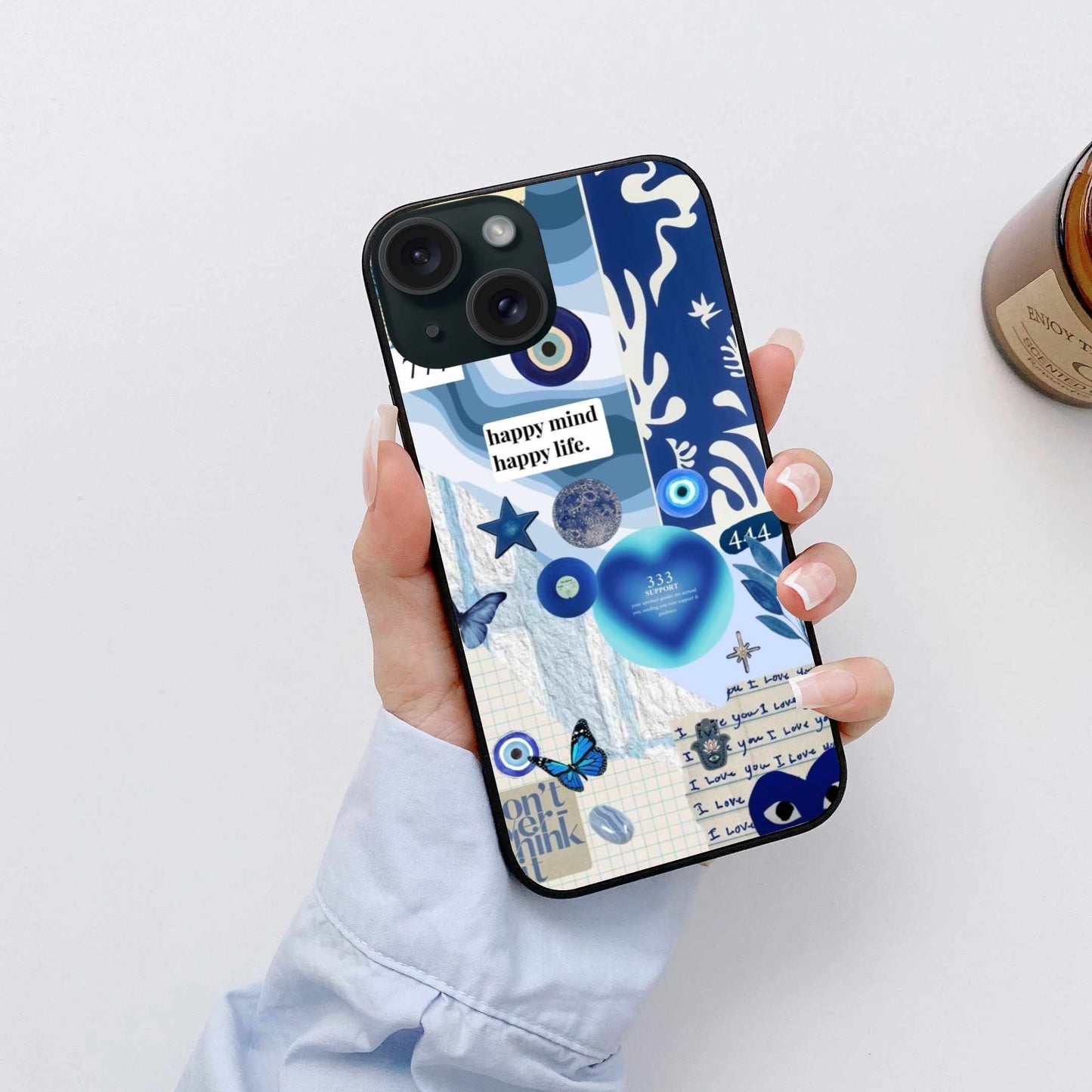 Blue Aesthetic Evil Eye Collage iPhone Case – Positive Vibes & Stylish Protection