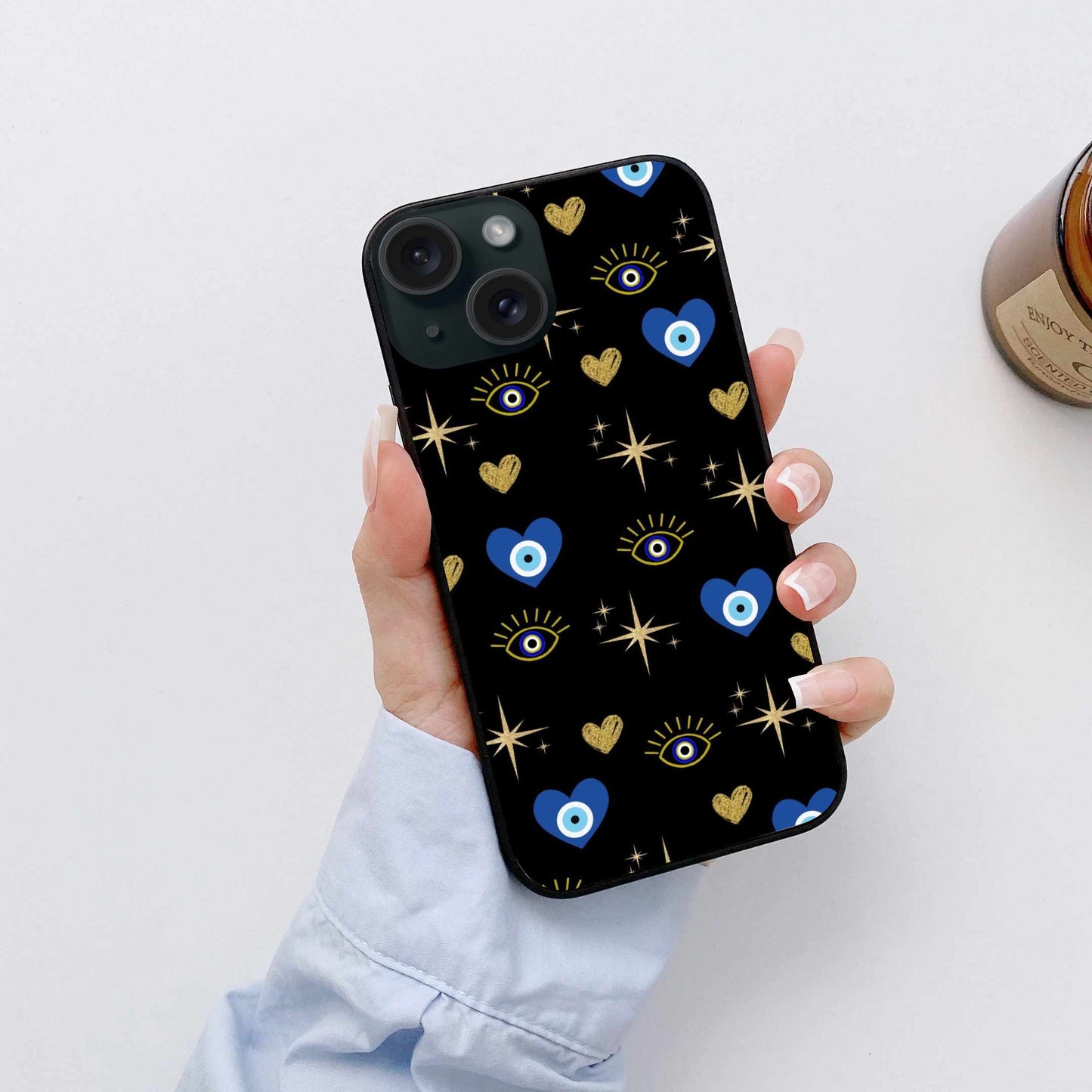 Chic Black Evil Eye & Gold Heart iPhone Case – Protection Meets Elegance