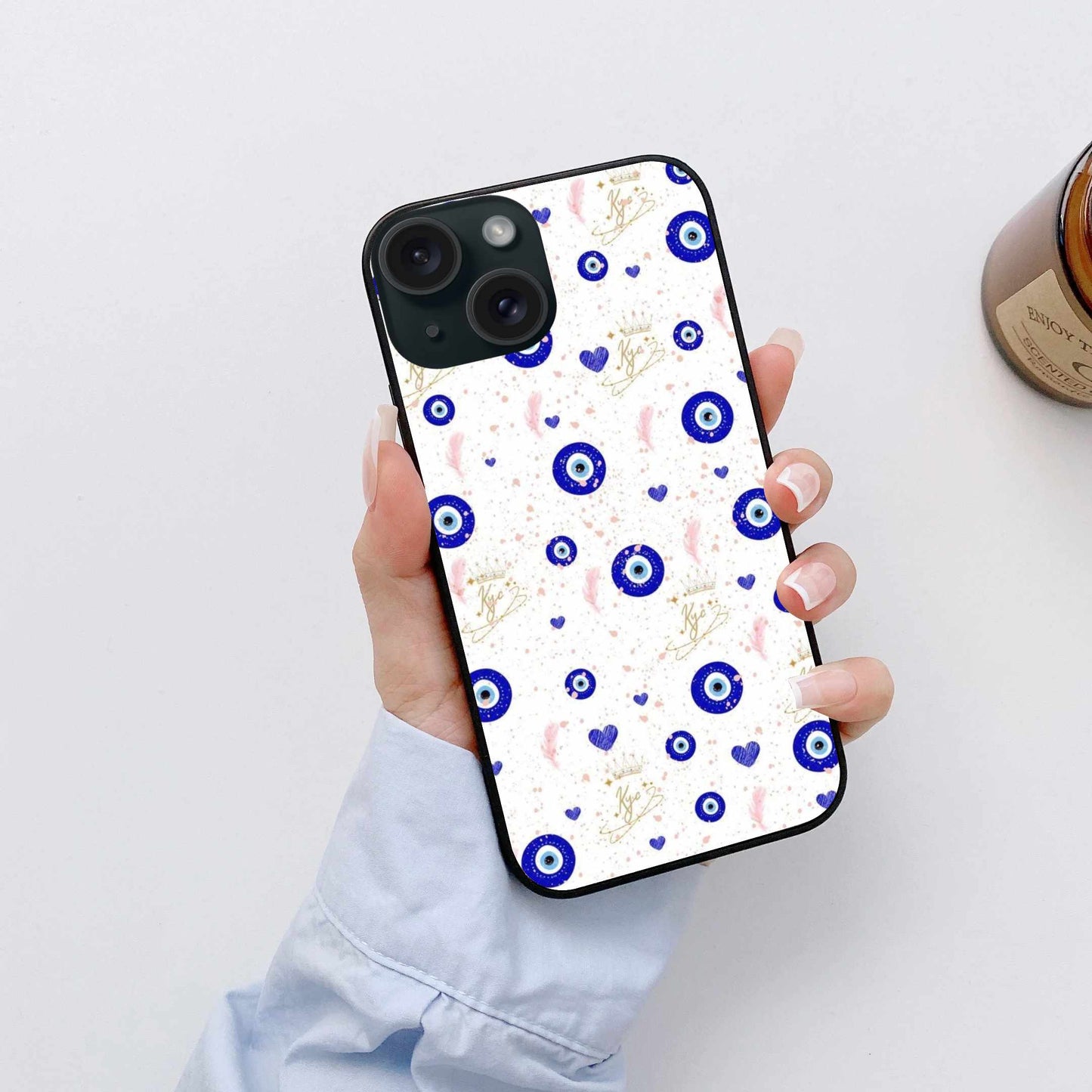 Elegant Evil Eye & Feather iPhone Case – Stylish Protection with a Royal Touch