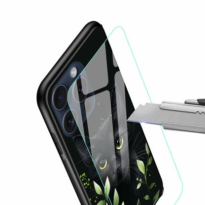 Black Cat Behind Green Leaves Original Glass Cover