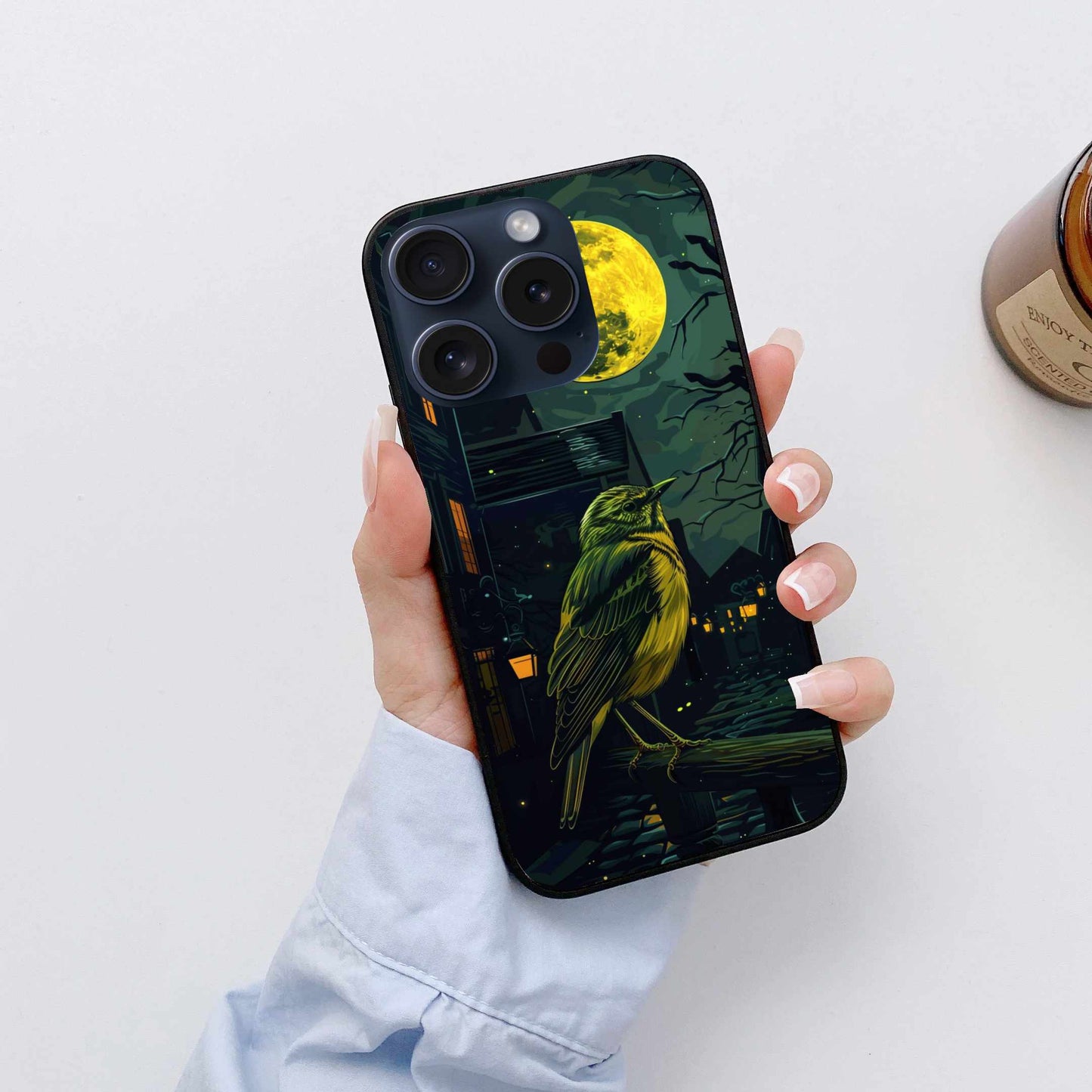 Midnight Melody – Moonlit Bird on Cobblestone Street Original Glass Cover