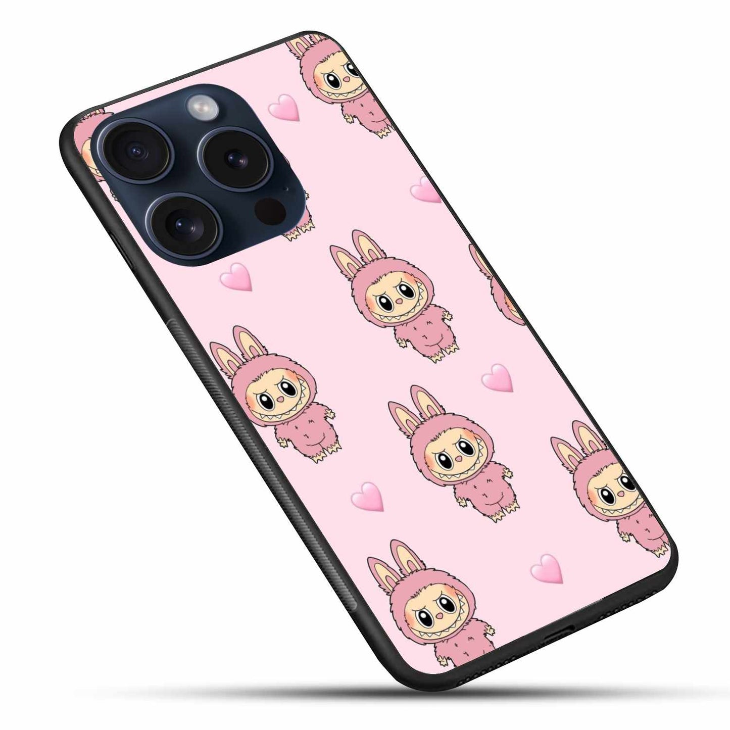 Cute Labubu Doll  – Adorable Pink Cartoon Design with Hearts Original Glass Cover