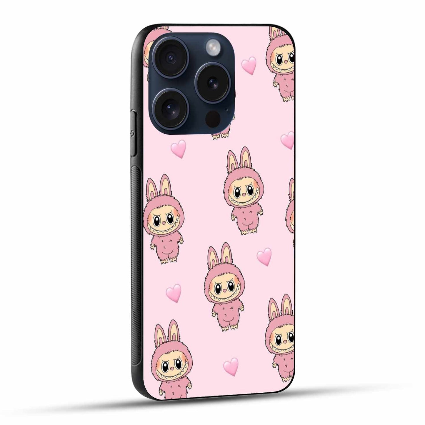 Cute Labubu Doll  – Adorable Pink Cartoon Design with Hearts Original Glass Cover