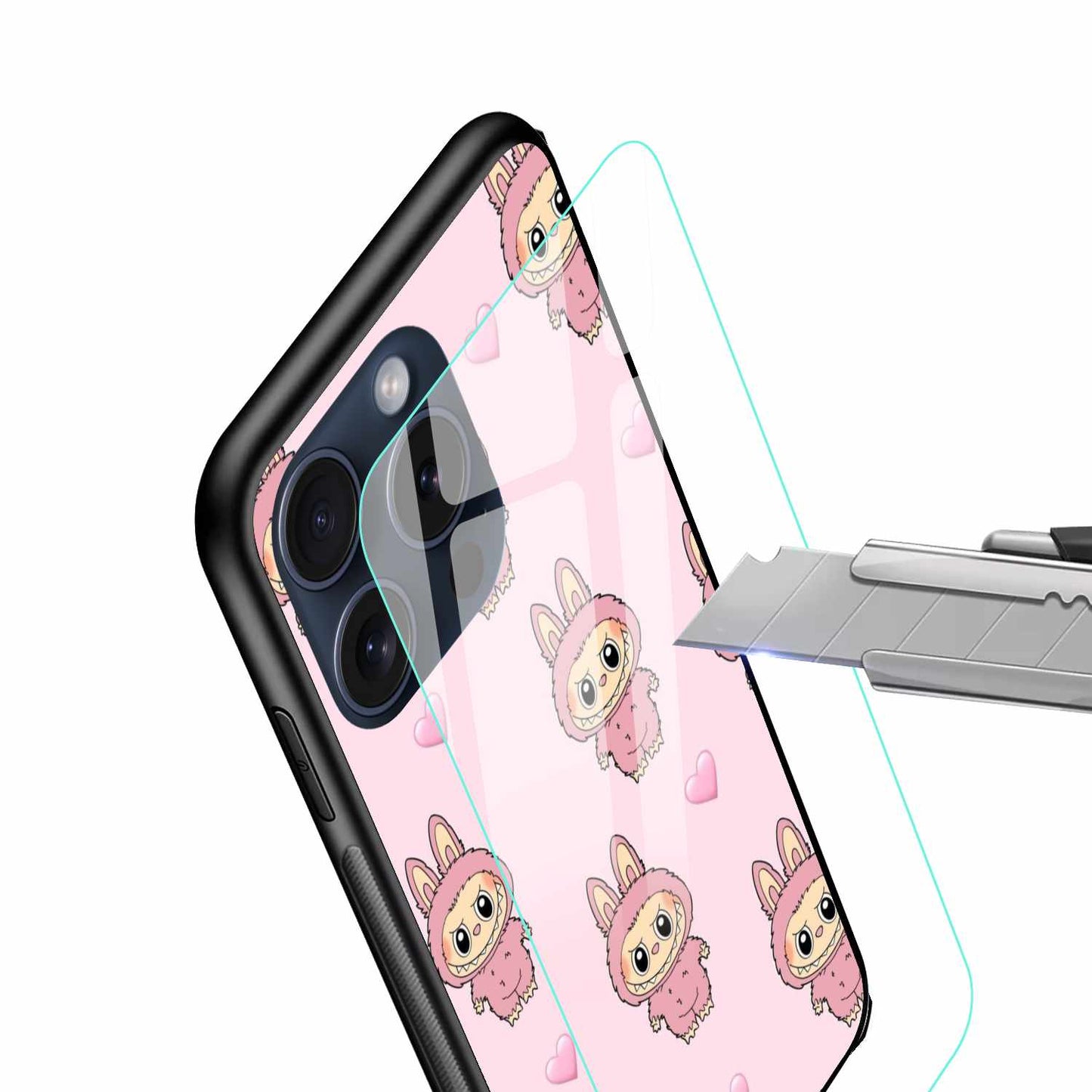 Cute Labubu Doll  – Adorable Pink Cartoon Design with Hearts Original Glass Cover