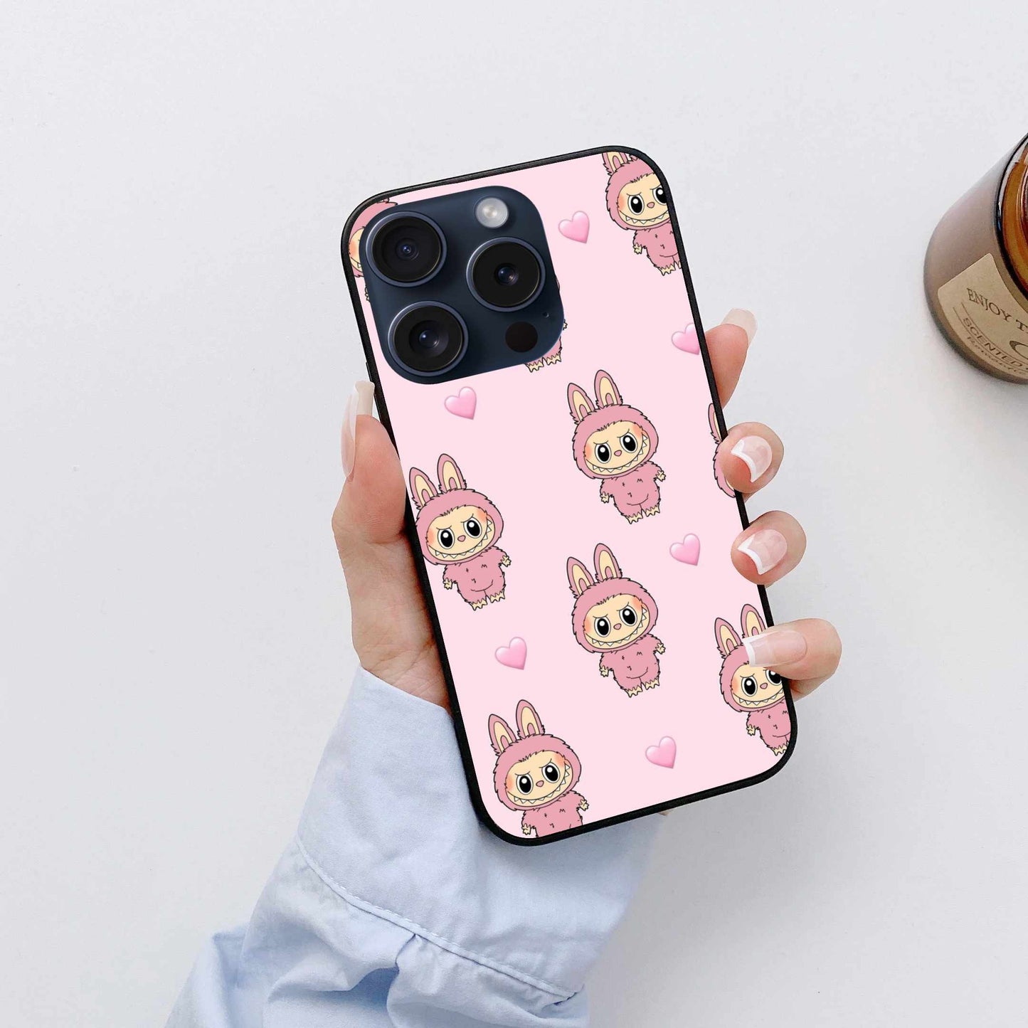 Cute Labubu Doll  – Adorable Pink Cartoon Design with Hearts Original Glass Cover