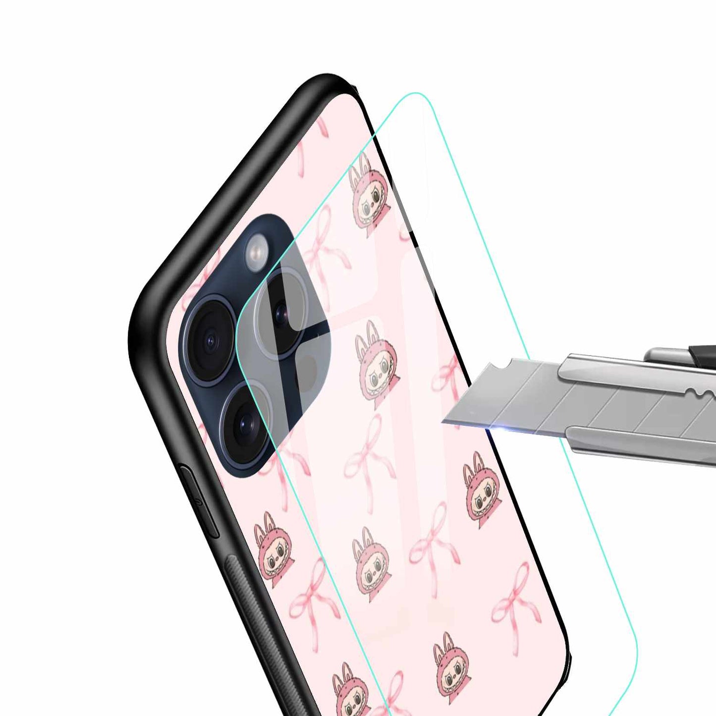 Bow Pattern And Labubu's Face  On A Pink Background Original Glass Cover