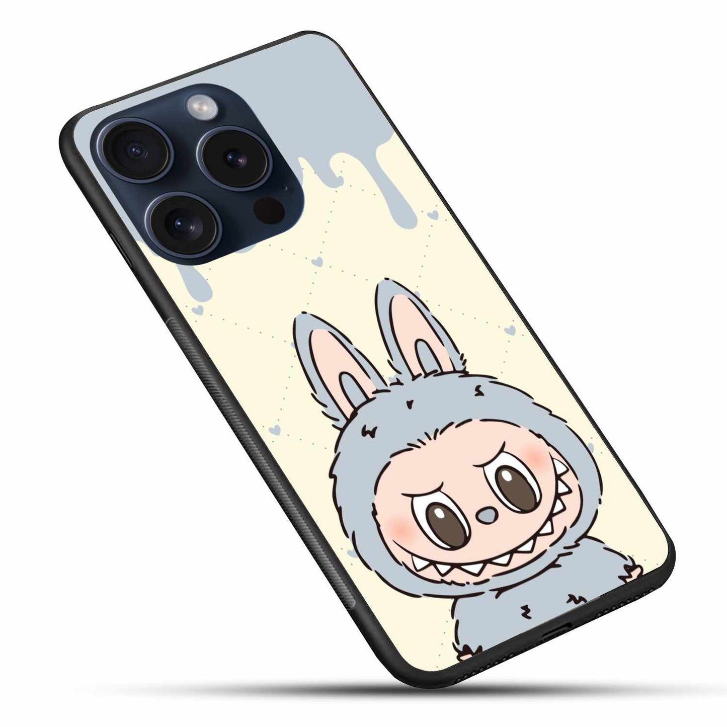 Grey Labubu On Melting Background With Hearts Original Glass Cover