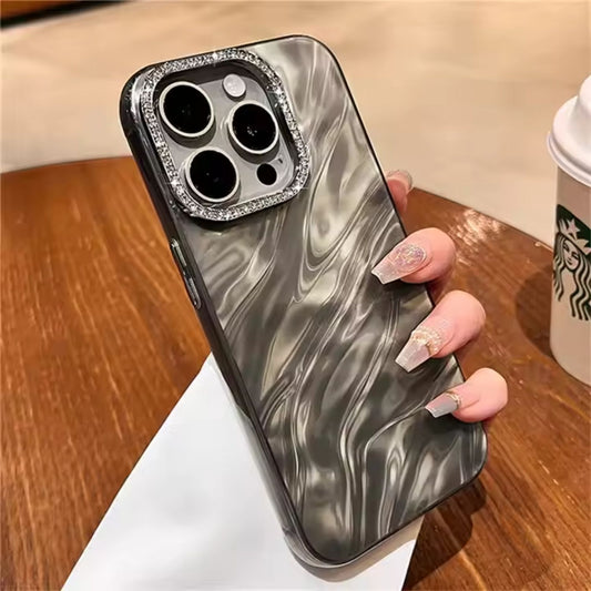 Pearl Gloss Marble Case 🤍✨ with Diamond Camera Ring for iPhone – Luxury Shine Look
