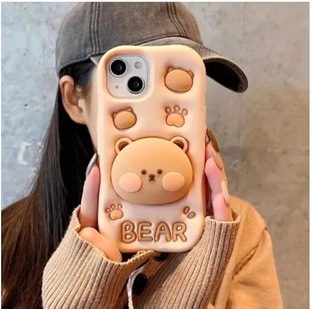 Cute 3D Bear iPhone Case – Soft Silicone Cover with Pop-Out Bear Design