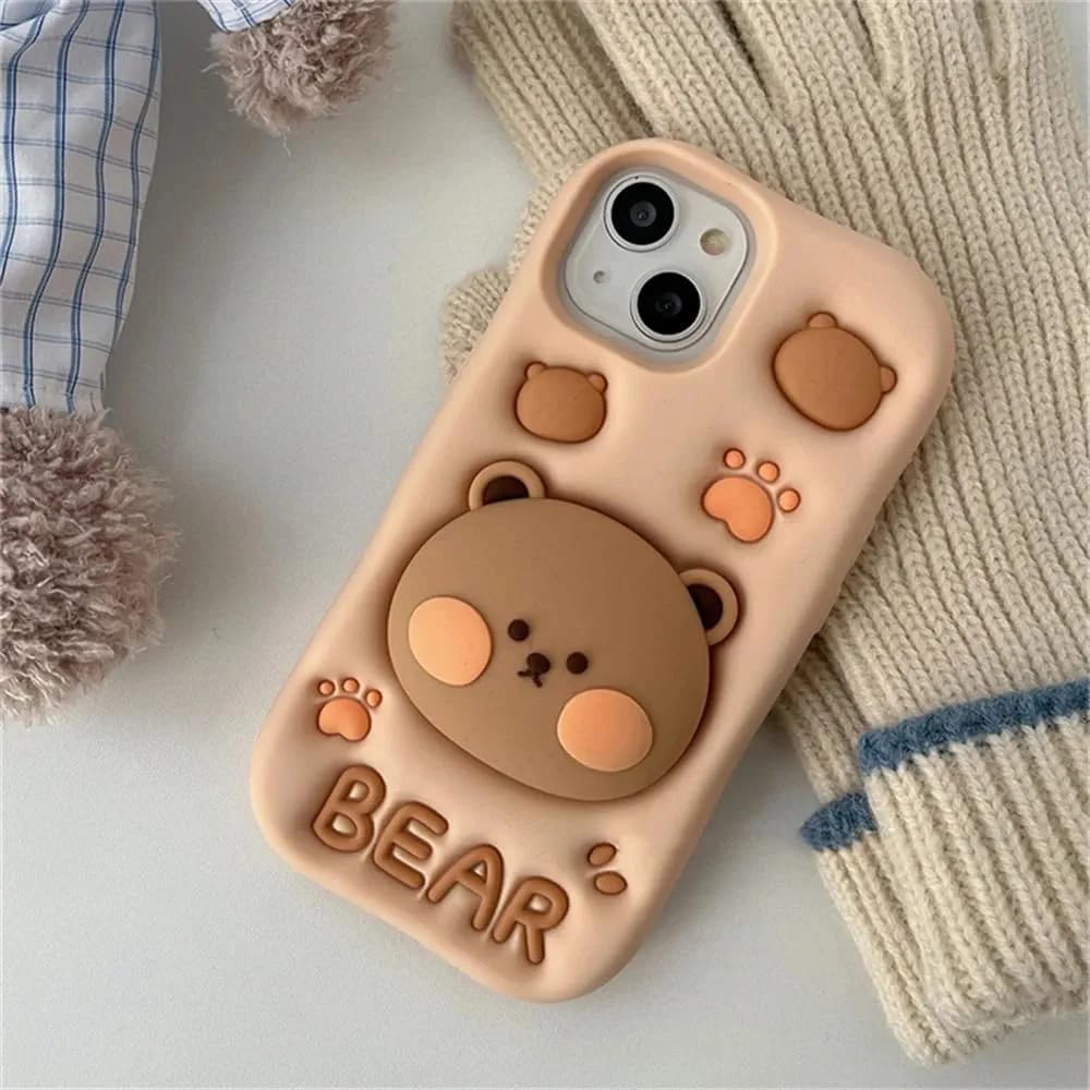 Cute 3D Bear iPhone Case – Soft Silicone Cover with Pop-Out Bear Design