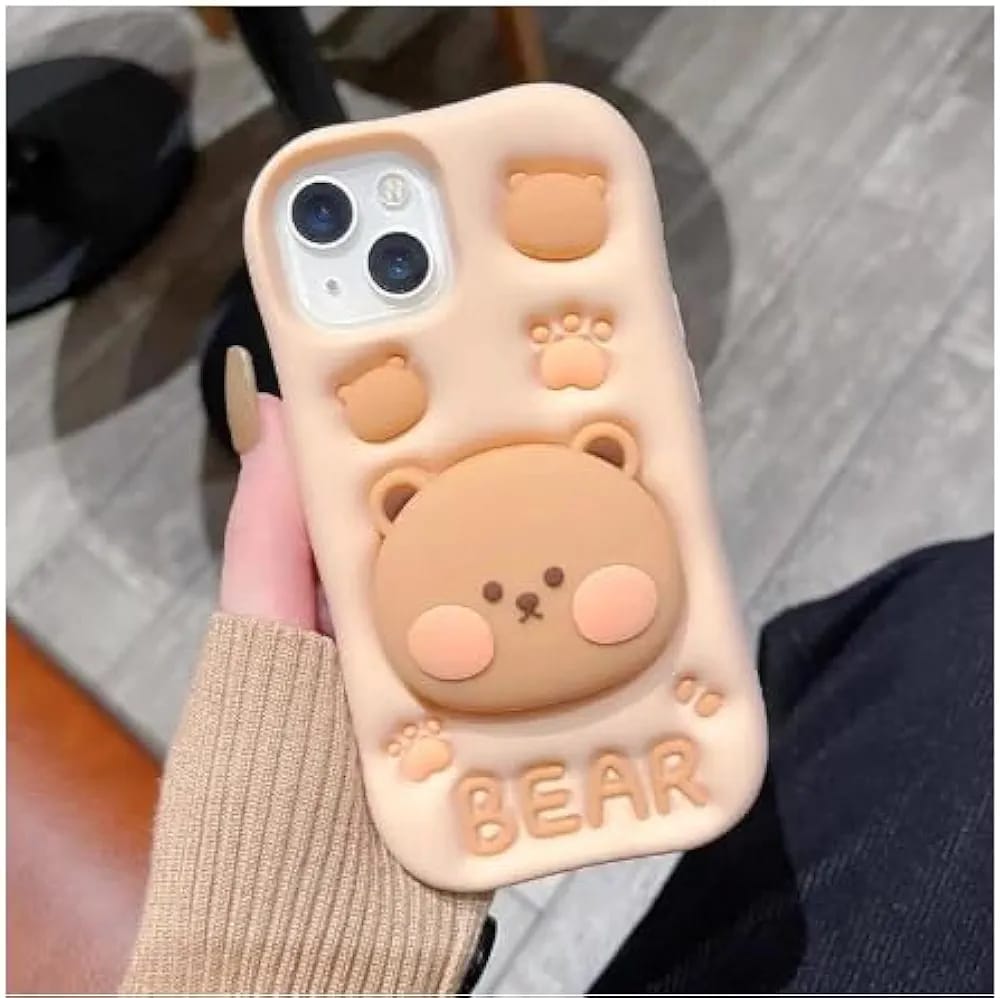 Cute 3D Bear iPhone Case – Soft Silicone Cover with Pop-Out Bear Design