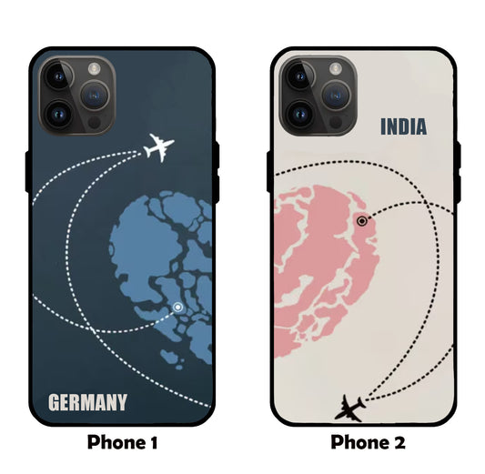 Global Love: Customizable Couple Glass Mobile Cover with Interlocking Map Hearts