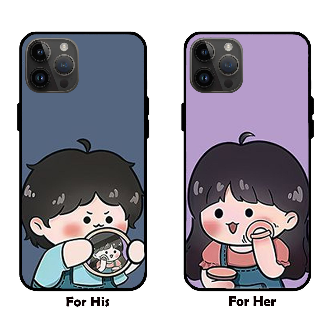 Reflecting Love: Boy with Mirror, Girl with Makeup - Couple Mobile Cover Design